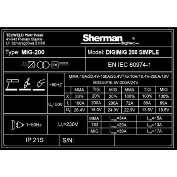 Sherman DIGIMIG 200 SIMPLE + przyłbica V7a gratis